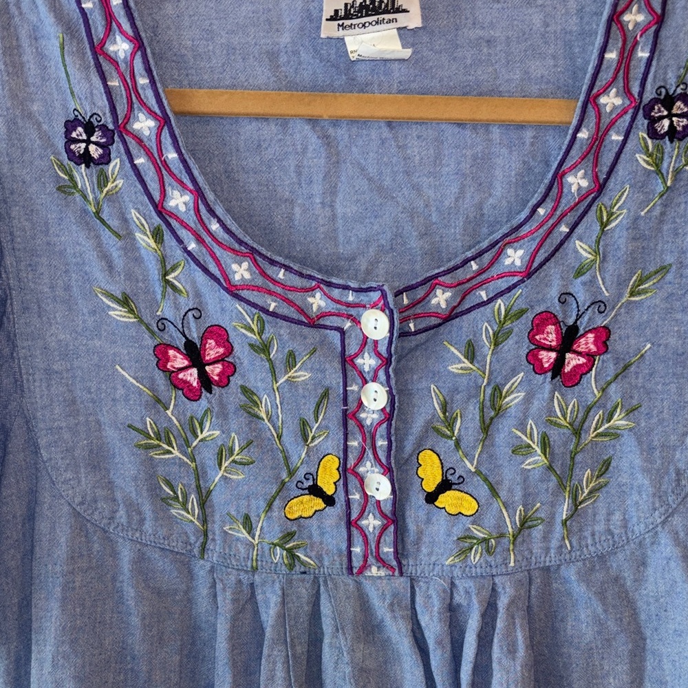 Embroidered Blue Denim Midi Dress